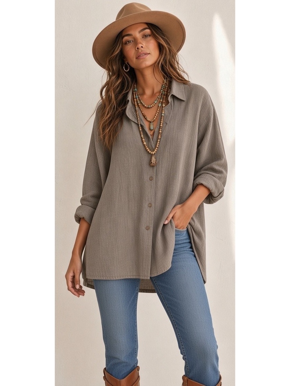 New Eileen Fisher Stone 100% Linen Button High Slit Boho Long Shirt Tunic